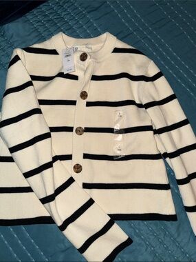 GAP Cream and Black Striped Button Cardigan